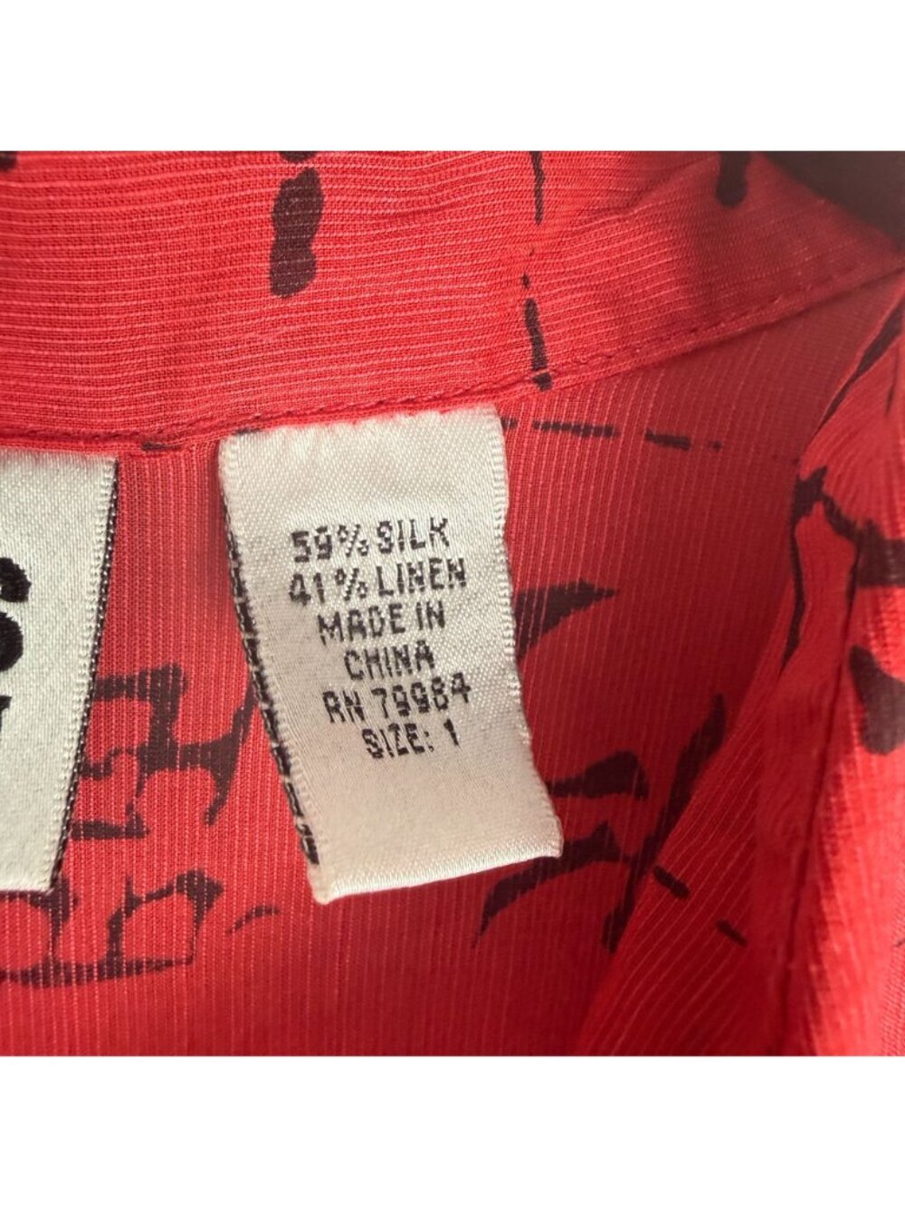 Vintage Chico's Silk Linen Button Up Blouse Chinese Characters Red Size 1/M - Picture 7 of 8